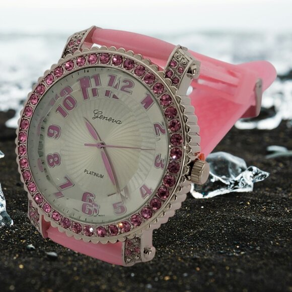 Pink Iced Out Diamond Bezel watch w/ pink CZ stones Silicone band - Picture 3 of 8